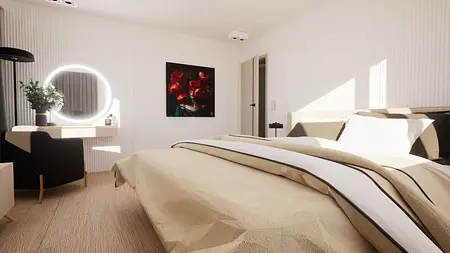 Wnętrze nowoczesnej sypialni z jasnymi meblami, lustrem oraz dekoracją kwiatową.