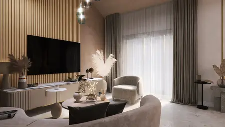 Wnętrze salonu w stylu japandi z beżowymi meblami i drewnianymi akcentami.