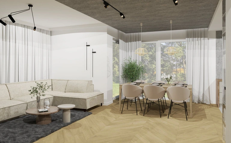Wnętrze jadalni w stylu japandi, minimalistycznym z beżowymi meblami i naturalnym oświetleniem.