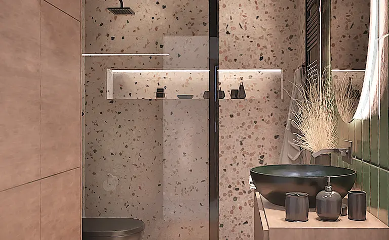 Nowoczesna łazienka z minimalistycznym designem, rustykalnymi akcentami i współczesnymi detalami.