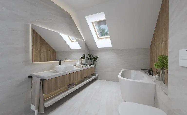 Nowoczesna łazienka w stylu boho i minimalistycznym z wanną i drewnianymi detalami.
