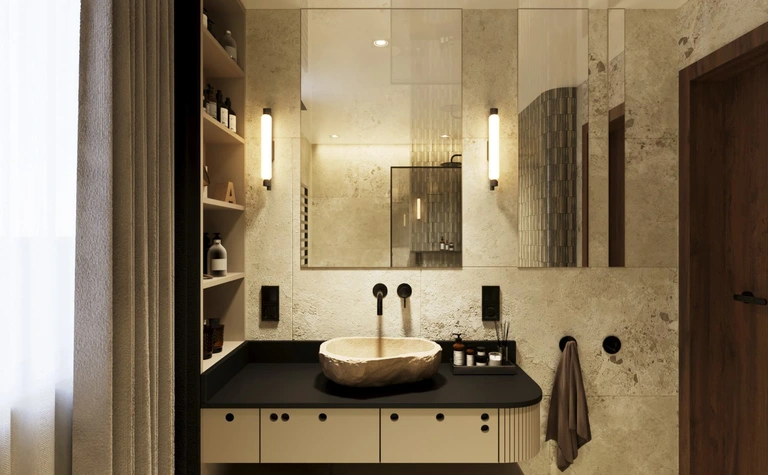Nowoczesna łazienka z kamienną umywalką w stylu minimaluxe i quiet luxury.