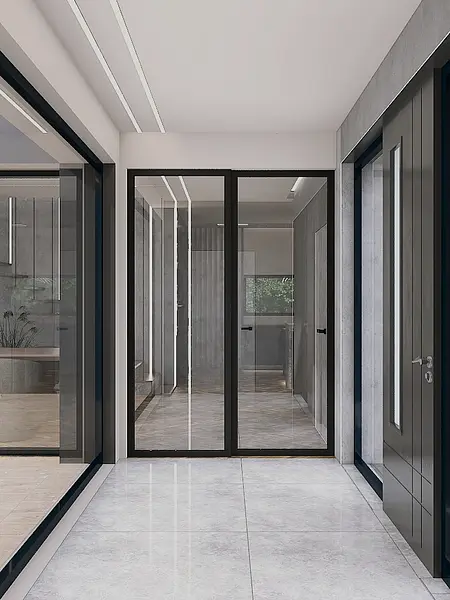 Minimalistyczny przedpokój w stylu minimaluxe z nowoczesnymi akcentami.