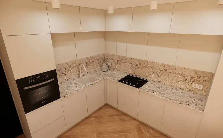 Kuchnia minimalistyczna z białymi meblami i nowoczesnym wyposażeniem.