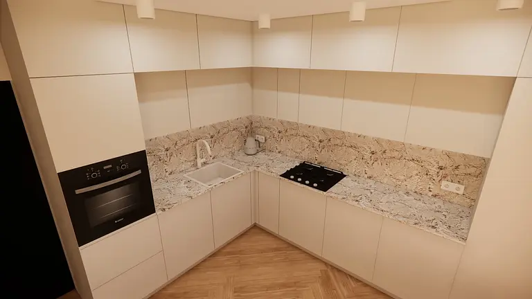 Kuchnia minimalistyczna z białymi meblami i nowoczesnym wyposażeniem.