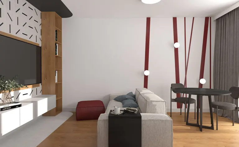 Wnętrze salonu z szarymi meblami i akcentami dopamine decor.