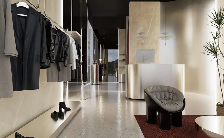 Wnętrze sklepu odzieżowego w stylu glamour, minimalistycznym i nowoczesnym.