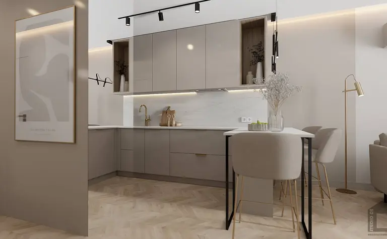 Kuchnia w stylu glamour i nowoczesnym z szarymi meblami i drewnianą podłogą.