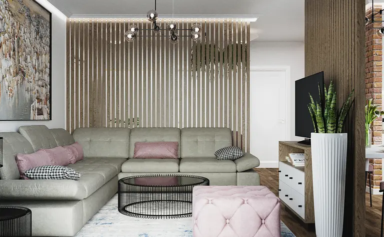 Wnętrze salonu z minimalistycznym designem, nowoczesnymi meblami, współczesnym stylem.