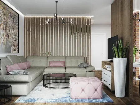 Wnętrze salonu z minimalistycznym designem, nowoczesnymi meblami, współczesnym stylem.
