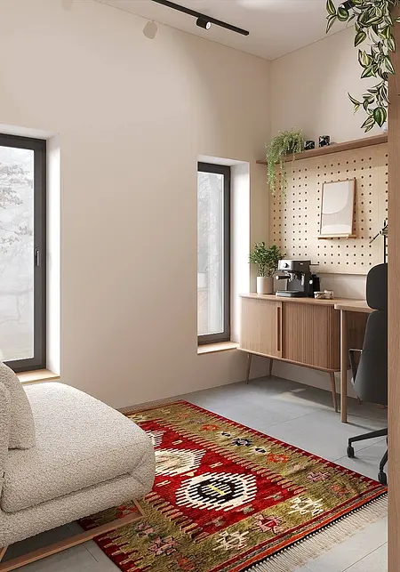 Wnętrze biura w stylu japandi, minimalistycznym z nowoczesnym biurkiem i skandynawskim dywanem.
