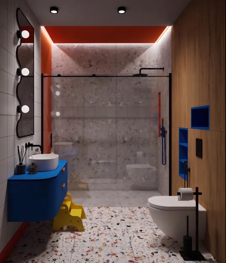 Łazienka dopamine decor z niebieską szafką i terrazzo, styl minimalistyczny, nowoczesny, skandynawski, soft minimalizm