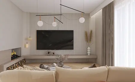 Wnętrze salonu w stylu boho i minimalistycznym z telewizorem i drewnianym kominkiem.