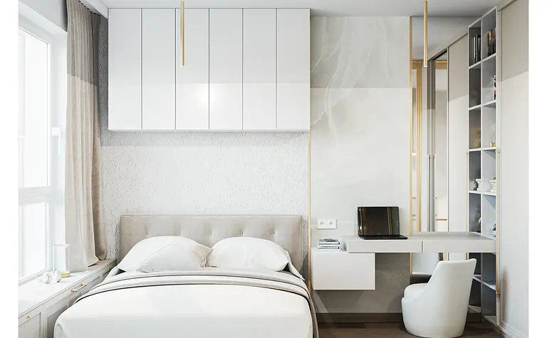 Sypialnia minimalistyczna z białymi meblami, glamour i nowoczesnym biurkiem.