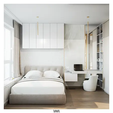 Sypialnia minimalistyczna z białymi meblami, glamour i nowoczesnym biurkiem.