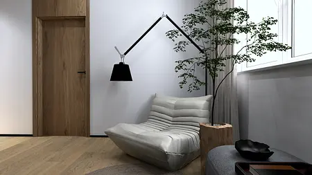 Wnętrze nowoczesnego salonu z kanapą i rośliną