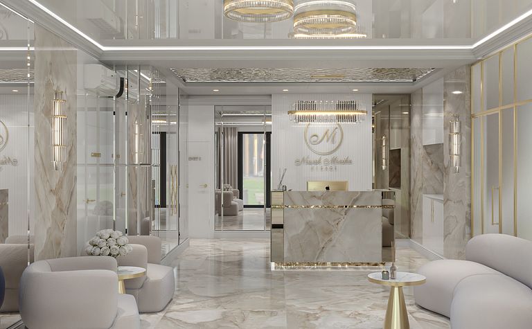 Wnętrze recepcji z marmurową podłogą i jasnymi meblami w stylu glamour.