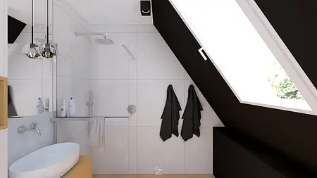 Minimalistyczna łazienka z białą umywalką i czarnymi detalami.