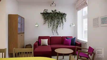 Wnętrze salonu z czerwonymi meblami, drewnianym stołem i roślinnością. Styl dopamine decor, eklektyczny, skandynawski.