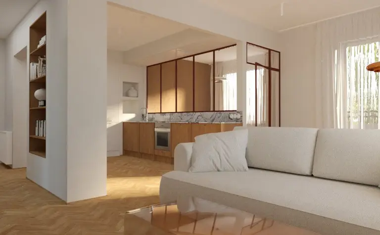 Wnętrze kuchni w stylu minimalistycznym i vintage z drewnianymi meblami.