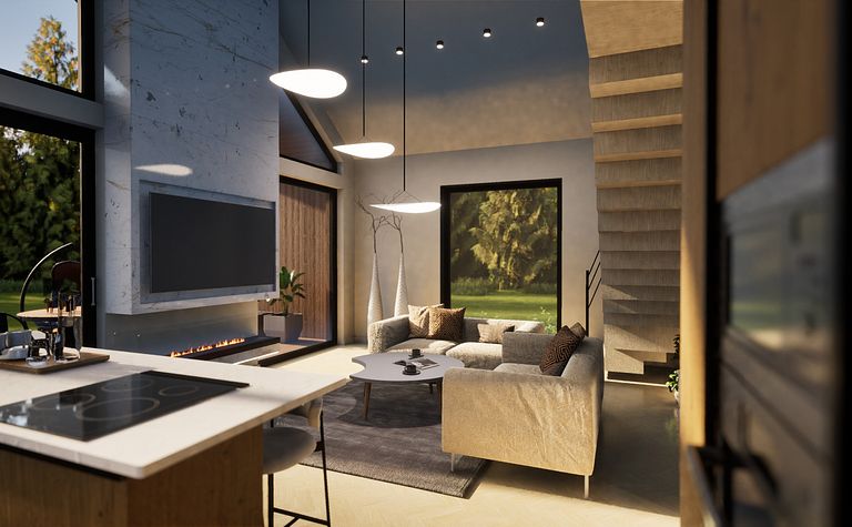 Nowoczesne wnętrze salonu z minimalistycznym designem, szarym dywanem i brązową sofą.