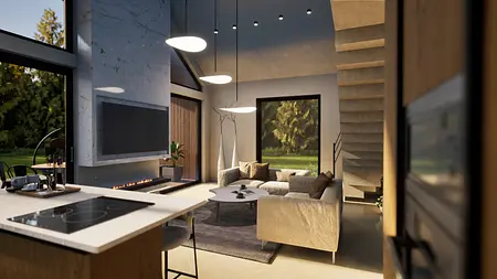 Nowoczesne wnętrze salonu z minimalistycznym designem, szarym dywanem i brązową sofą.