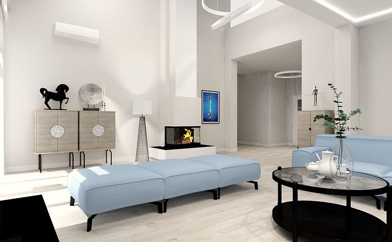 Wnętrze salonu z niebieską sofą, kominkiem i stylowymi akcentami, minimaluxe, nowoczesny, quiet luxury, współczesny.