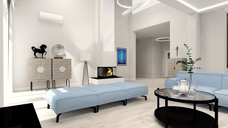 Wnętrze salonu z niebieską sofą, kominkiem i stylowymi akcentami, minimaluxe, nowoczesny, quiet luxury, współczesny.