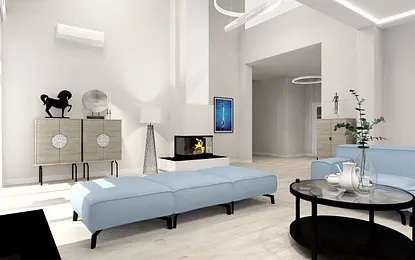 Wnętrze salonu z niebieską sofą, kominkiem i stylowymi akcentami, minimaluxe, nowoczesny, quiet luxury, współczesny.