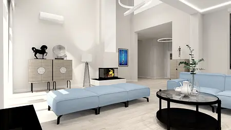 Wnętrze salonu z niebieską sofą, kominkiem i stylowymi akcentami, minimaluxe, nowoczesny, quiet luxury, współczesny.