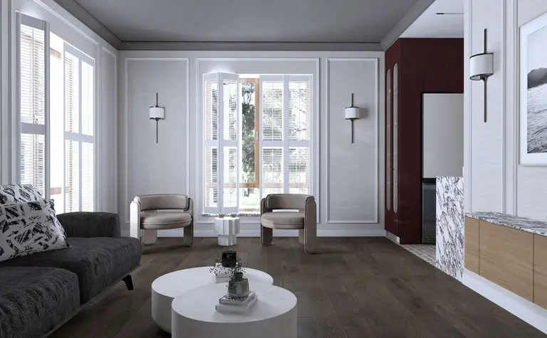 Wnętrze salonu z jasnymi ścianami, ciemną podłogą, meblami w stylu quiet luxury, tradycyjnym i współczesnym.