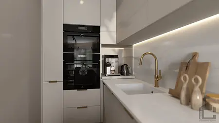 Kuchnia w stylu glamour i nowoczesnym z białymi meblami i złotymi akcentami.