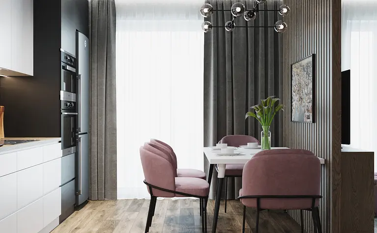 Wnętrze jadalni z różowymi krzesłami i białym stołem, minimalistyczny i nowoczesny design.