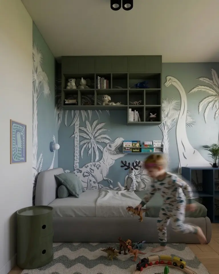 Pokój dziecięcy z dinozaurami na ścianie, zielone meble, dopamine decor, minimalistyczny, nowoczesny, skandynawski, soft minimalizm