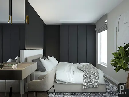 Sypialnia z minimalistycznym wystrojem, nowoczesnym łóżkiem i szafą.