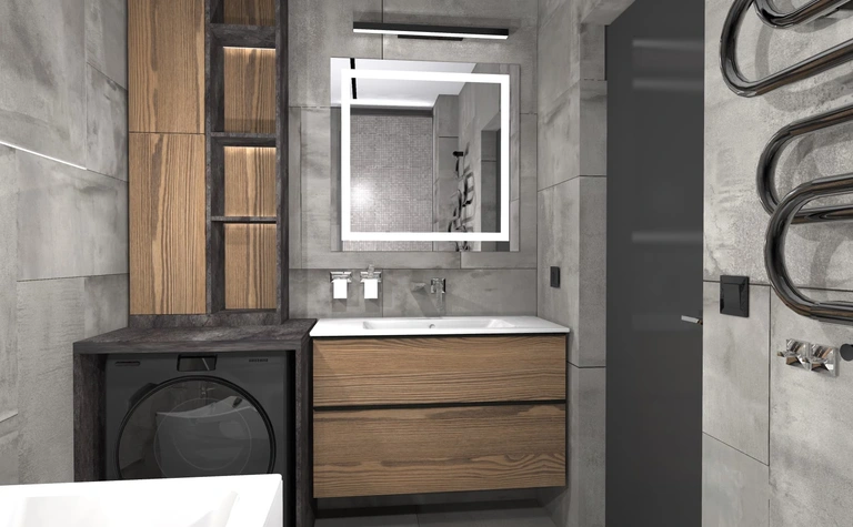 Nowoczesna łazienka w stylu dopamine decor i industrialnym z drewnianymi akcentami.