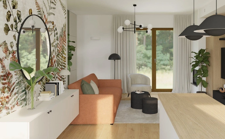 Wnętrze salonu z pomarańczową kanapą, roślinami i drewnianymi detalami w stylu dopamine decor i soft minimalizm.