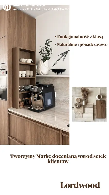 Wnętrze kuchni w stylu japandi z drewnianymi meblami i nowoczesnym blatem.