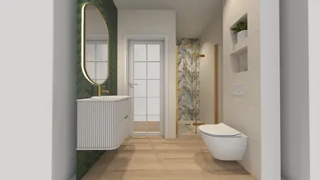 Nowoczesna łazienka z zieloną ścianą, białą umywalką i złotymi detalami.