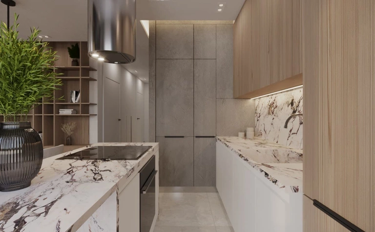 Nowoczesna kuchnia z marmurowym blatem, drewnianymi elementami, w stylu glamour i quiet luxury.