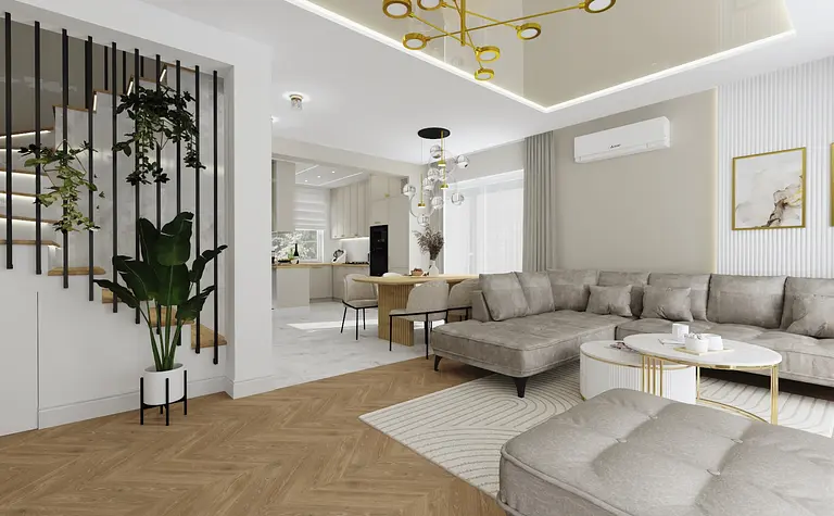 Nowoczesne wnętrze salonu z szarym narożnikiem, drewnianą podłogą i dekoracjami glamour.