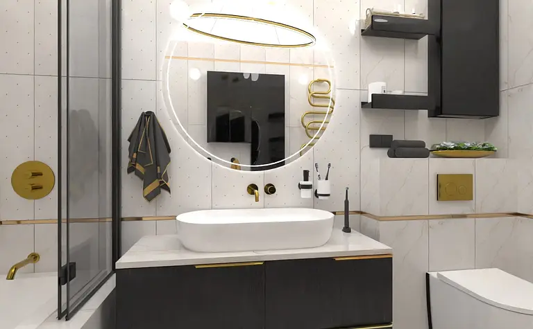 Nowoczesna łazienka z elementami glamour i industrialnymi, czarna szafka, okrągłe lustro.