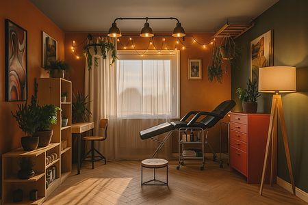 Wnętrze gabinetu z pomarańczowymi ścianami, biurkiem i roślinami.