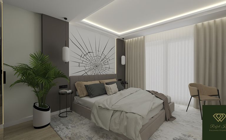 Wnętrze sypialni z minimalistycznym designem, nowoczesnym oświetleniem i współczesnym akcentem.