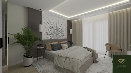 Wnętrze sypialni z minimalistycznym designem, nowoczesnym oświetleniem i współczesnym akcentem.