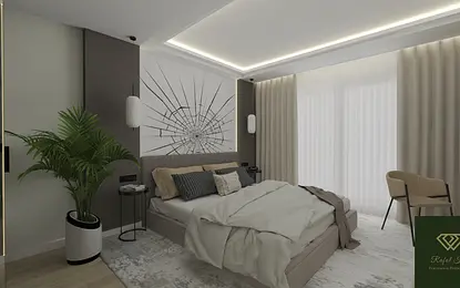 Wnętrze sypialni z minimalistycznym designem, nowoczesnym oświetleniem i współczesnym akcentem.