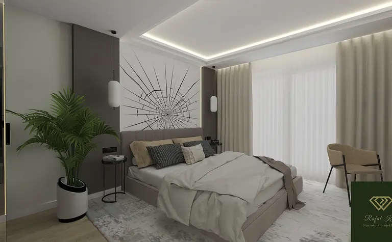 Wnętrze sypialni z minimalistycznym designem, nowoczesnym oświetleniem i współczesnym akcentem.