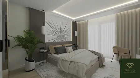 Wnętrze sypialni z minimalistycznym designem, nowoczesnym oświetleniem i współczesnym akcentem.