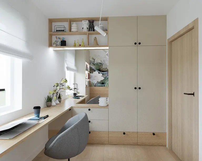 Wnętrze pokoju z biurkiem, szafkami i roślinami art deco, boho, minimalistyczne.