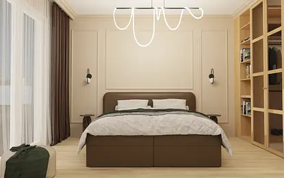 Sypialnia w stylu minimalistycznym z brązowym łóżkiem, jasnymi ścianami i drewnianymi detalami.